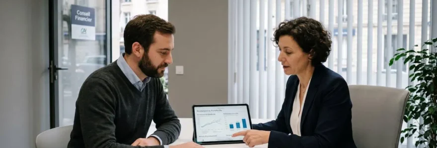 Conseiller bancaire et client consultant ensemble des documents financiers sur tablette dans un bureau de conseil moderne aux tons blancs et gris, éclairé par lumière naturelle