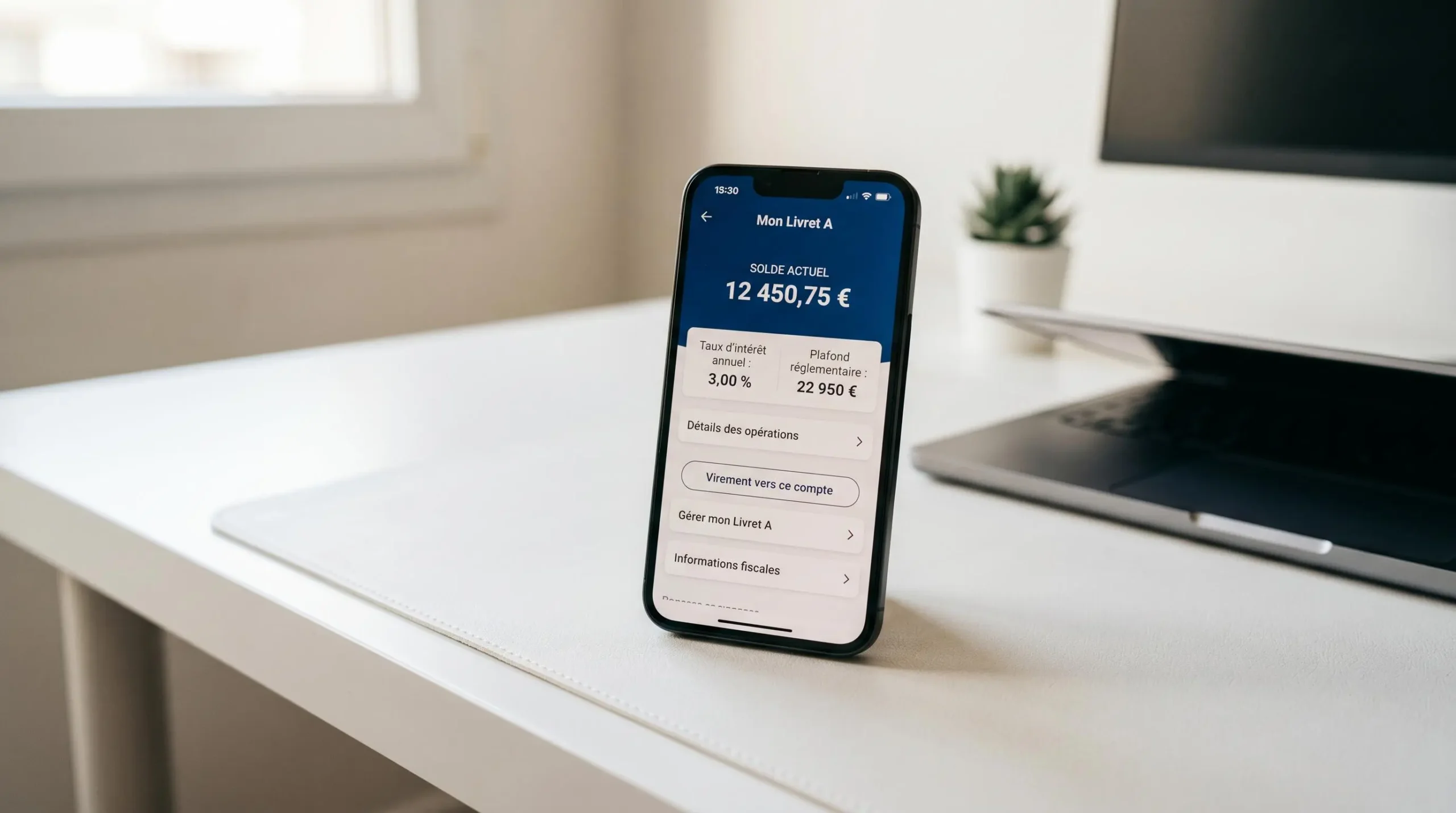 Écran de smartphone affichant l'interface d'un compte Livret A avec solde, taux d'intérêt et plafond en français, posé sur bureau blanc