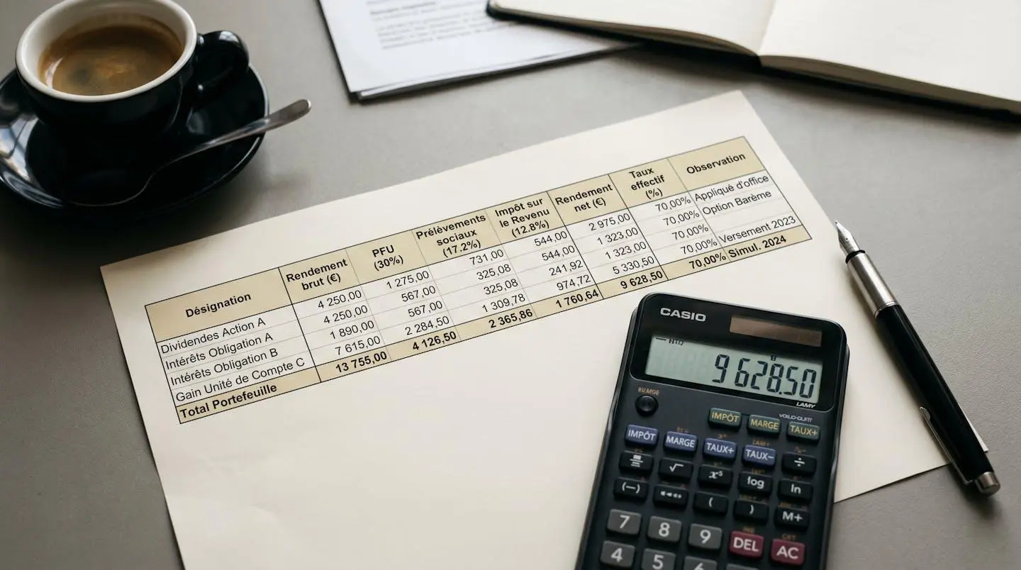 Vue de dessus d'un bureau avec calculatrice, tableau de calcul fiscal en français détaillant rendement brut, PFU et prélèvements sociaux, et stylo