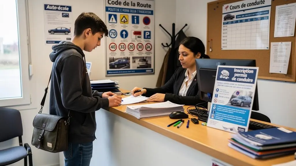 Jeune adulte à l'accueil d'une auto-école utilisant son épargne du Livret Jeune pour financer son permis de conduire