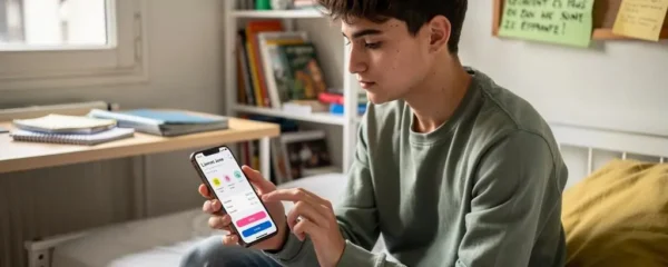 Jeune adulte consultant l'application bancaire mobile pour gérer son Livret Jeune dans sa chambre