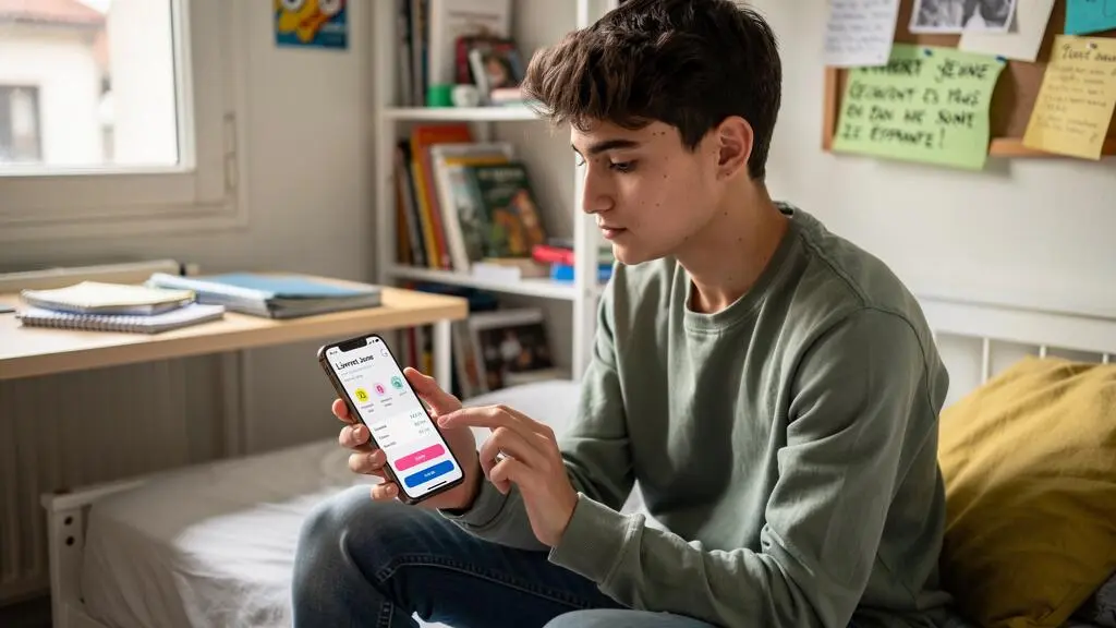 Jeune adulte consultant l'application bancaire mobile pour gérer son Livret Jeune dans sa chambre