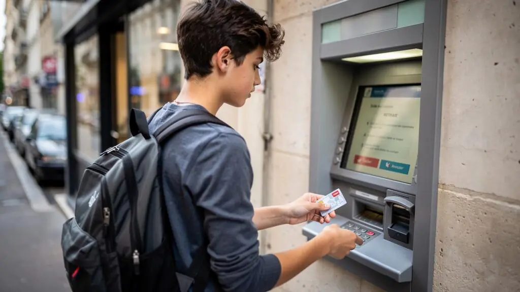 Lycéen utilisant un distributeur automatique pour consulter son Livret Jeune en toute autonomie